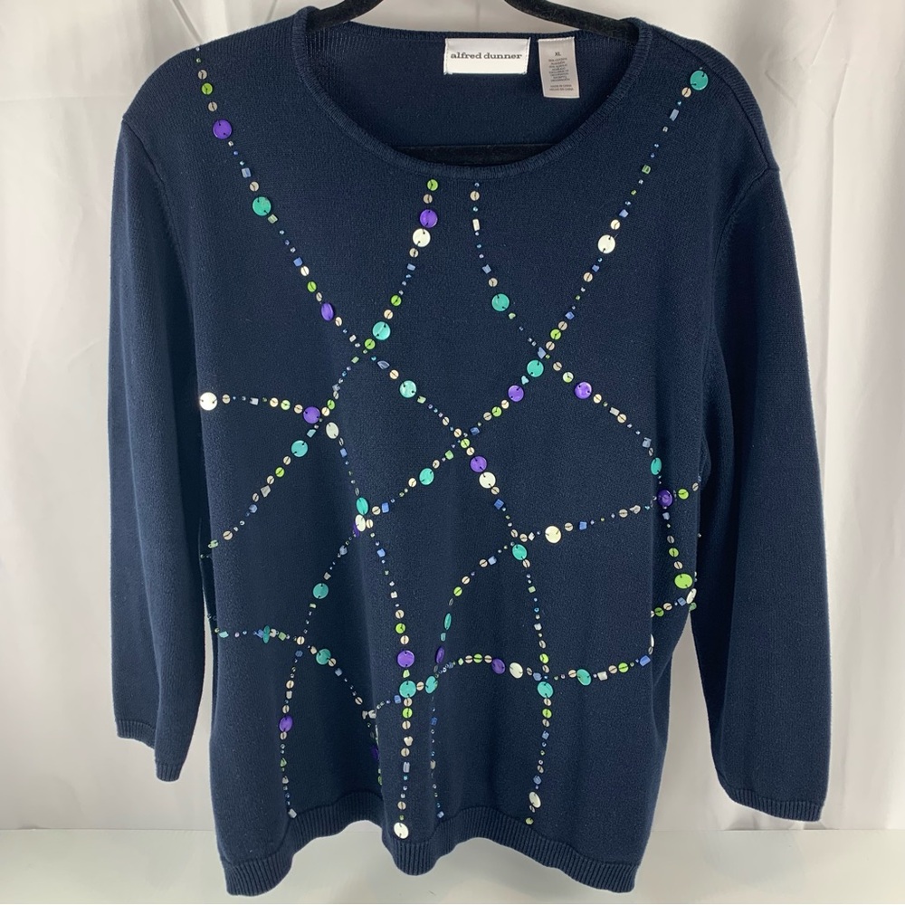 Alfred Dunner Women's Sweater XL Navy Blue Beads Sequins Crew Neck Pullover